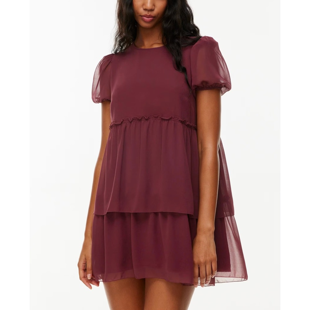 NEW Aritzia Sunday Best Thumbelina‎ Dress Spice Burgundy Babydoll Chiffon 2XS